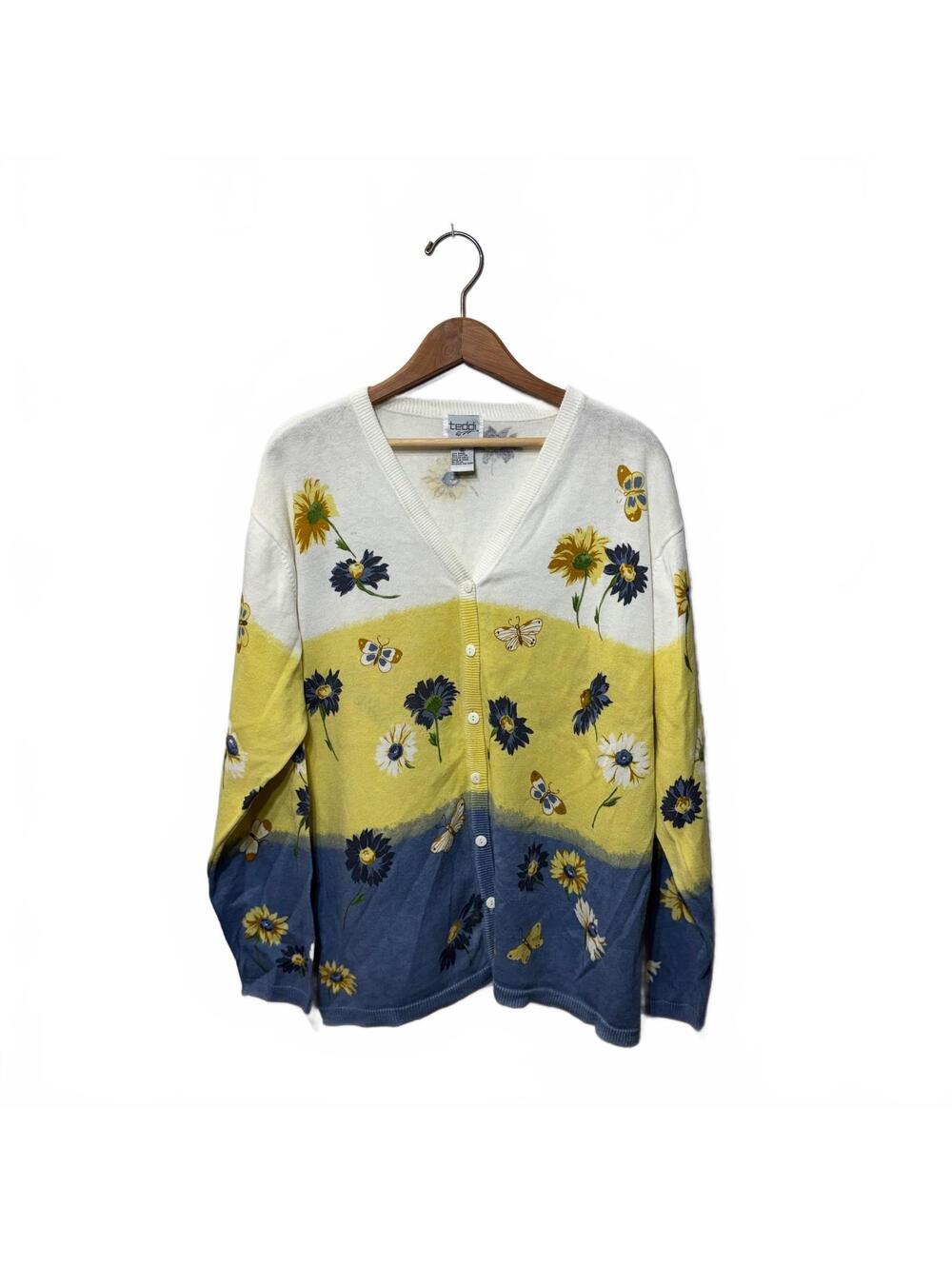 Vintage Teddi Cream Blue Ombre Floral Butterfly Cardigan XL